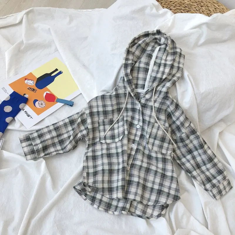

New 2019 Autumn Baby Boys Plaid Shirts Hooded Korean Style Chidlren Clothes Long Sleeve Cotton Tops Toddlers Kids Casual Shirts
