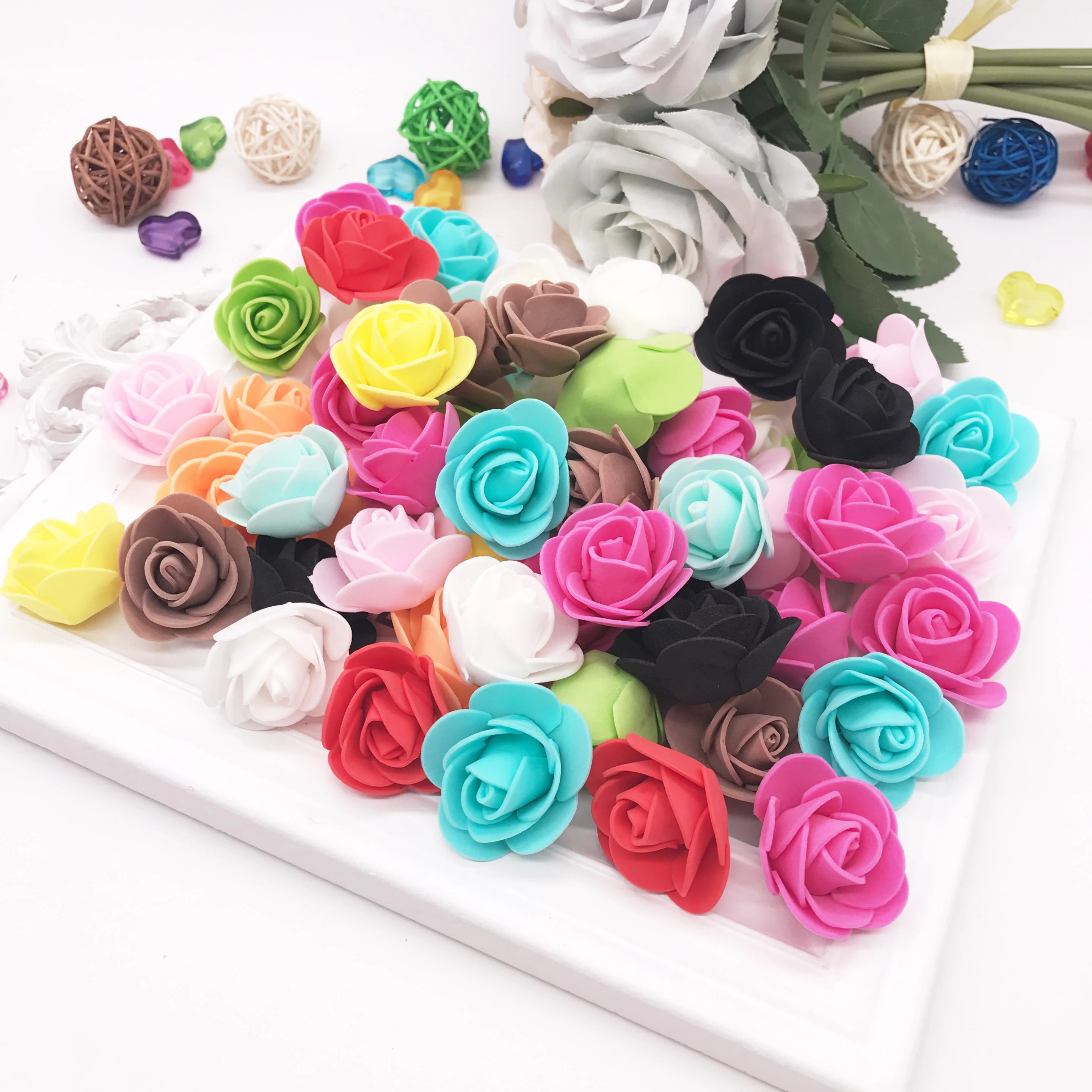 

50Pcs/lot 3.5cm Mini PE Foam Rose Flower Head Artificial Flowers For Home DIY Headdress Wreath Supplies Wedding Party Decoration