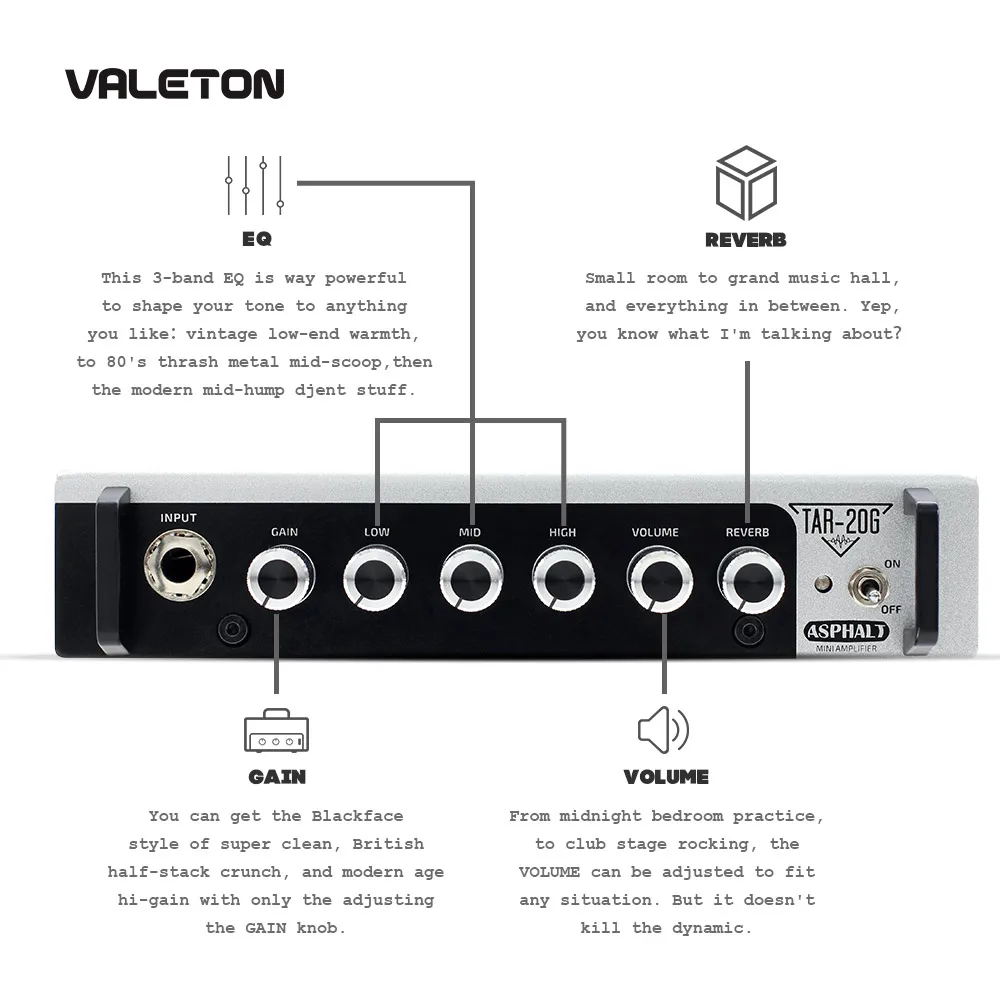Valeton Guitar Amp with Reverb Distortion Overdrive Asphalt TAR-20G Pedal Platform Amplifier Head with CAB SIM