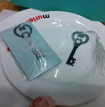 

100pcs/lot Key to my Heart "Heart-shaped Key Bookmark with White-silk Tassel wedding party Birthday favors