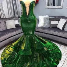 Блестящие Блестки Зеленые Русалка африканские платья для выпускного вечера элегантные иллюзии v-образным вырезом гофрированный поезд размера плюс платье на выпускной вечер