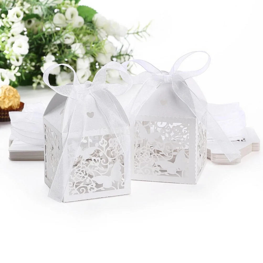 

10Pcs Birthday Party Event White Sweet Candy Box Wedding Favors Box With Ribbon Gift For Guests Decoration Butterfly Baby Shower