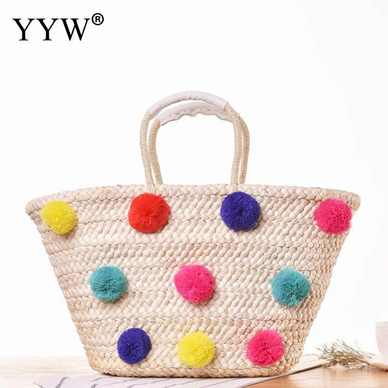 دلو أعلى-حقائب بيد للنساء 2018 الروطان النسيج حقيبة شاطئية مع الفراء الكرة المرأة حقائب البوهيمي الإناث حمل أكياس مصمم