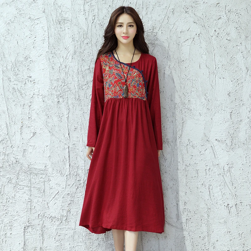 Autumn of 2017 New Chinese Folk Style Printing Stitching Slim Dress ...