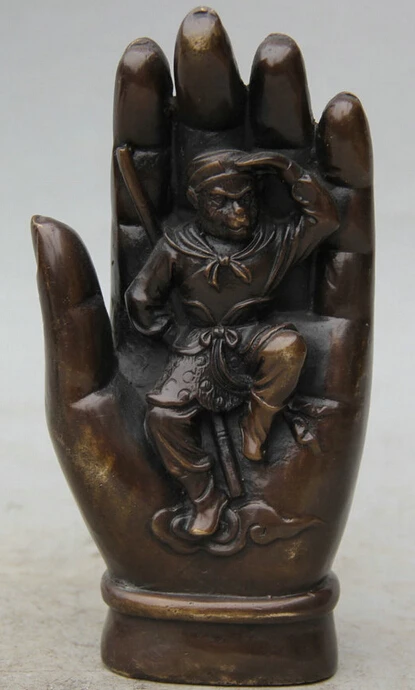 

6" Chinese Buddhism Bronze Buddha Hand Sun Wu Kong Moneky King Sculpture Statue S0706 (B0328)