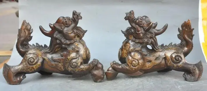 

S00530 9"chinese bronze feng shui Lucky wealth foo dog Unicorn Kylin pixiu beast statue B0403