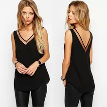 Plus Size S-XXL Women’s Chiffon Shirt 2016 Summer Fashion Sleeveless Double V-neck Sexy Loose Blouse Female Free shipping