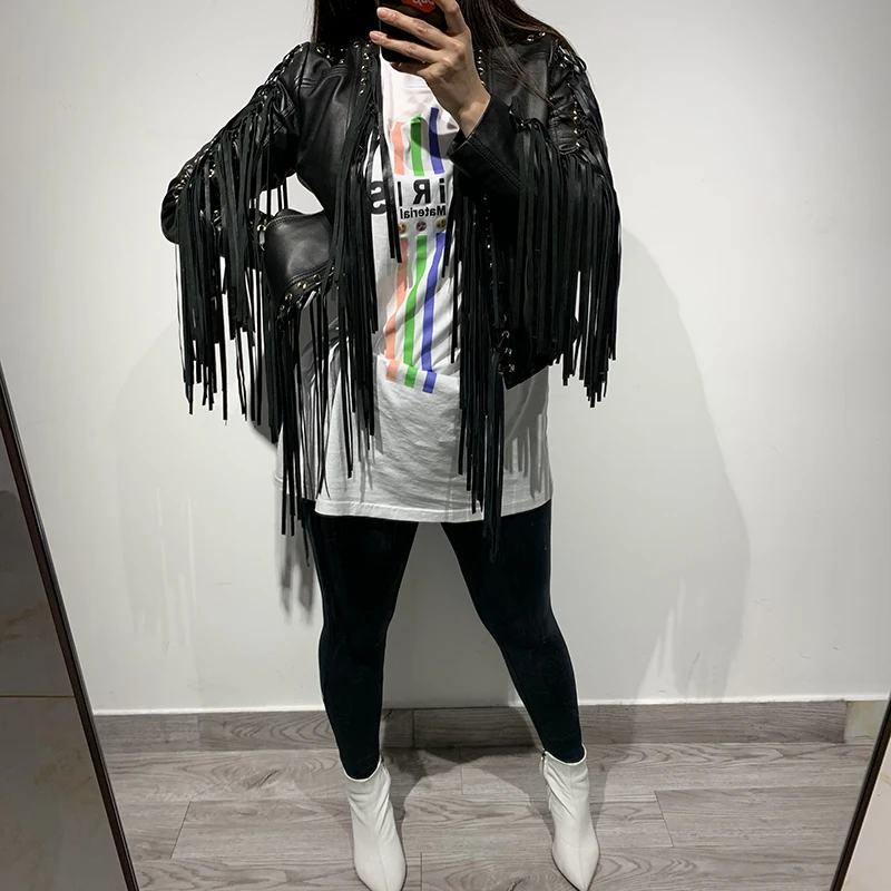 

women genuine sheep leather jacket lady real leather tassel jacket