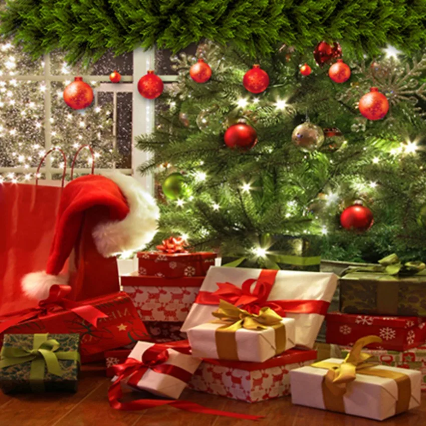 Christmas Backdrops Photography Surprise Gifts Xmas Red Hat Green Pine
Branch Red Bell Wood Floor Background for Photo Stdio