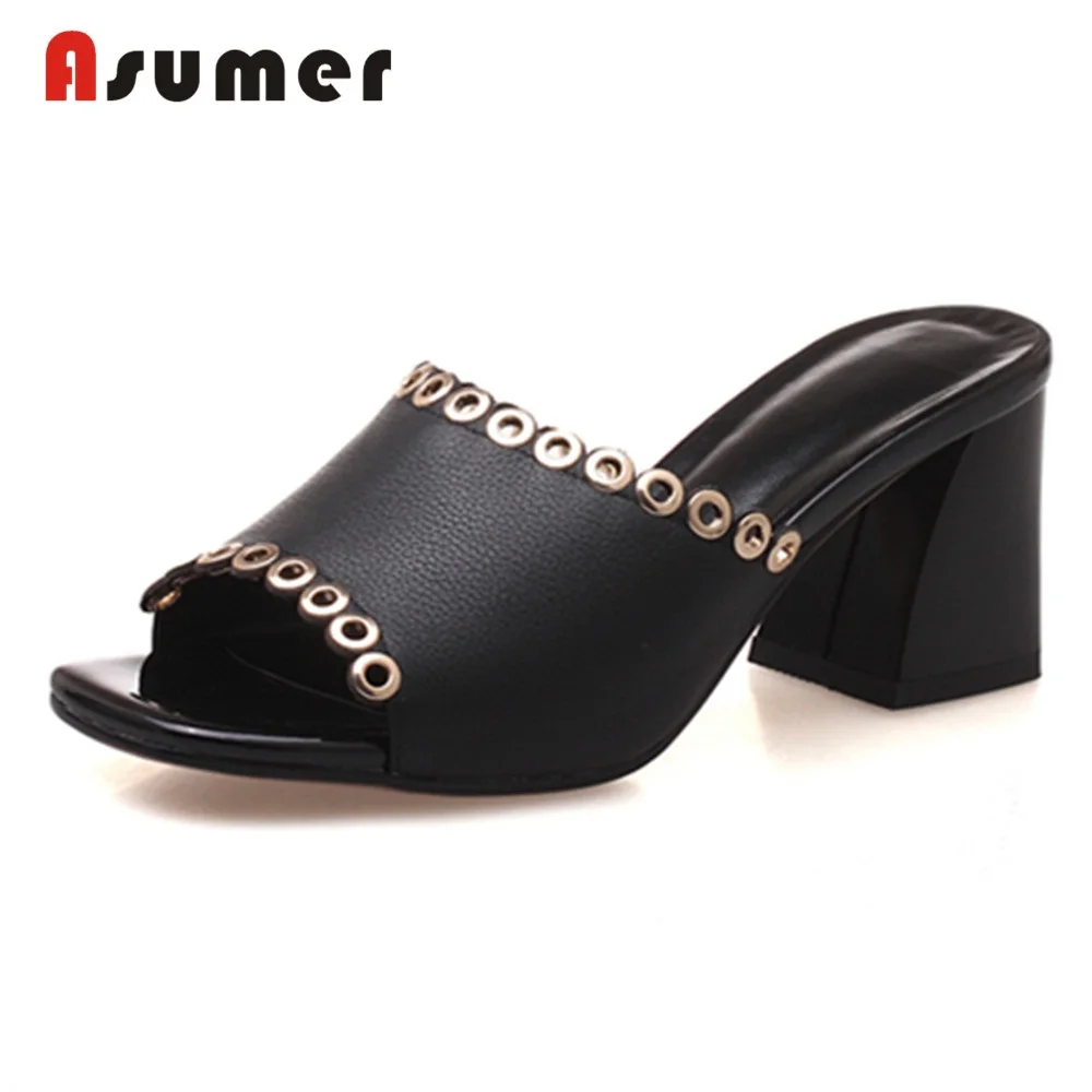 

ASUMER HOT 2018 fashion genuine leather sandals women square high heels mules round metal decoration shoes party dress shoes