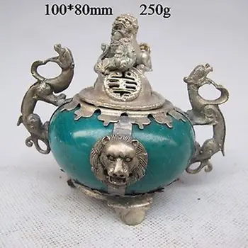 

Crafts Arts Oriental Vintage Handwork Silver Jade Dragon Incense burner Garden Tibetan Silver Brass gift arts crafts decoration