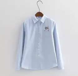 Women Shirt White Blue Tops Ladies Blouses Long Sleeve Shirt Female Office Top Pocket Cat Printed Embroidery Women Shirt White Blue Tops Ladies Blouses Long Sleeve Shirt Female Office Top Pocket Cat Printed Embroidery