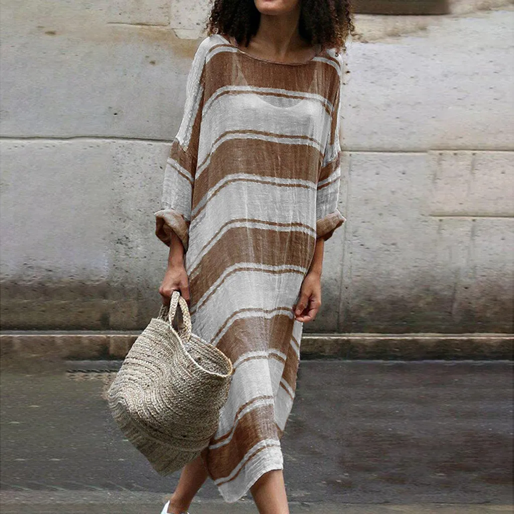 

JAYCOSIN Dress Women 5XL Plus Size Casual Polyester Loose Batwing Sleeve Stripe Print Long Maxi Summer Cool Dress Women APR10