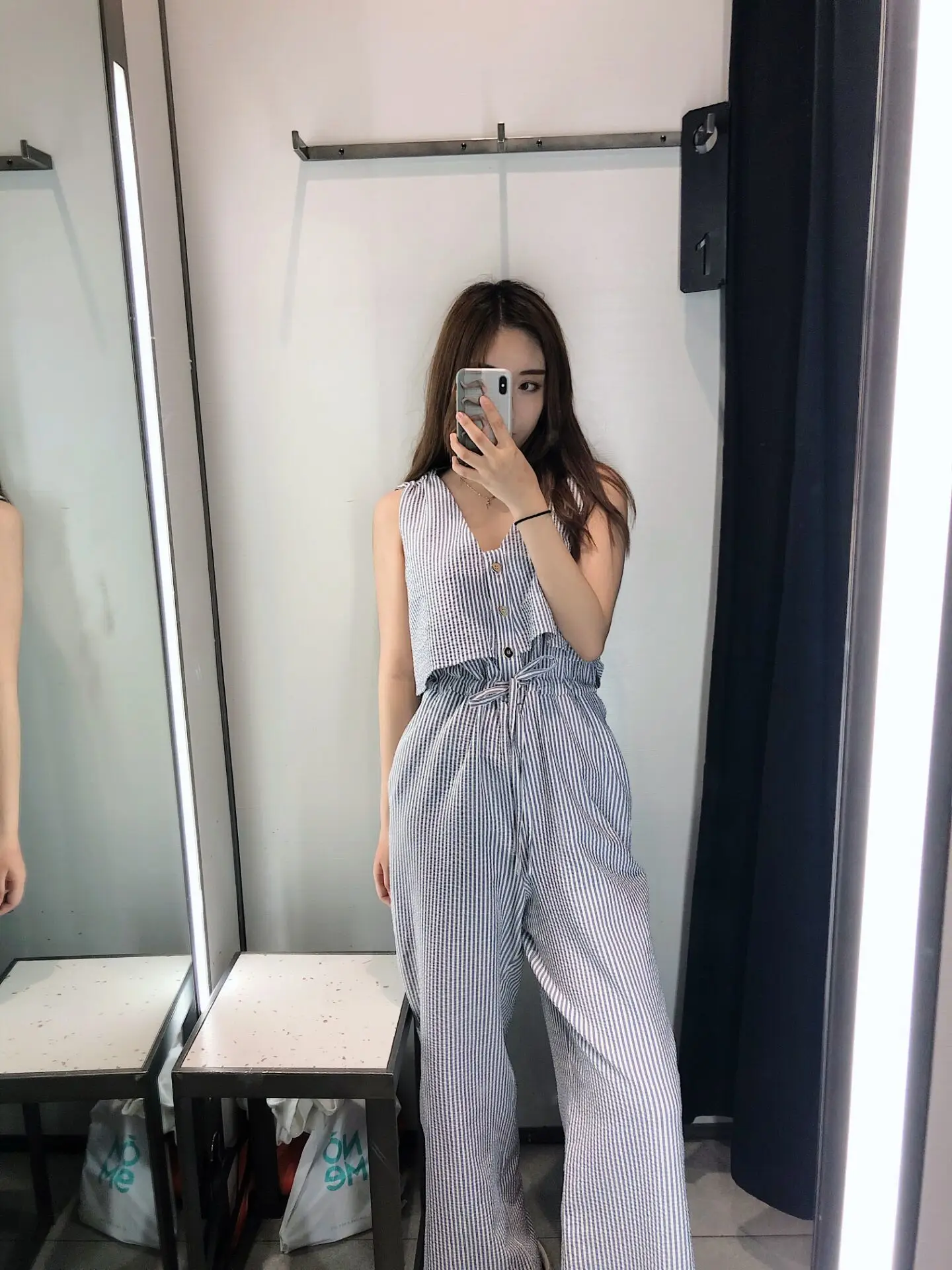 

Blue White Striped Women Jumpsuit with button 2019 Summer Woman Playsuit Overall Rompers LT23