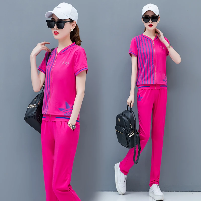 

Pink Red Tracksuits for Women Plus Size Big Two Piece Outfit Zipped Set Co-ord Sets 2019 Summer Top and Pants Suits Clothing