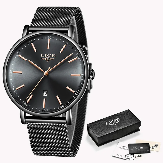 Black rose gold Женские часы, LIGE, Топ бренд, Роскошные, женские, модные, повседневные, из стали, ультра-тонкие, с сетчатым ремешком, кварцевые часы, Relogio Feminino+ коробка - Цвет: Black rose gold