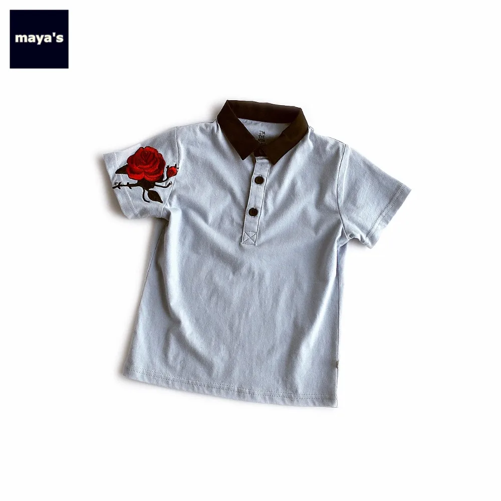 

Mayas Fashion Rose Embroidery Button Short Sleeves Boys Summer Shirts Kids Causal Color Block Basic Spring New Tops 76016