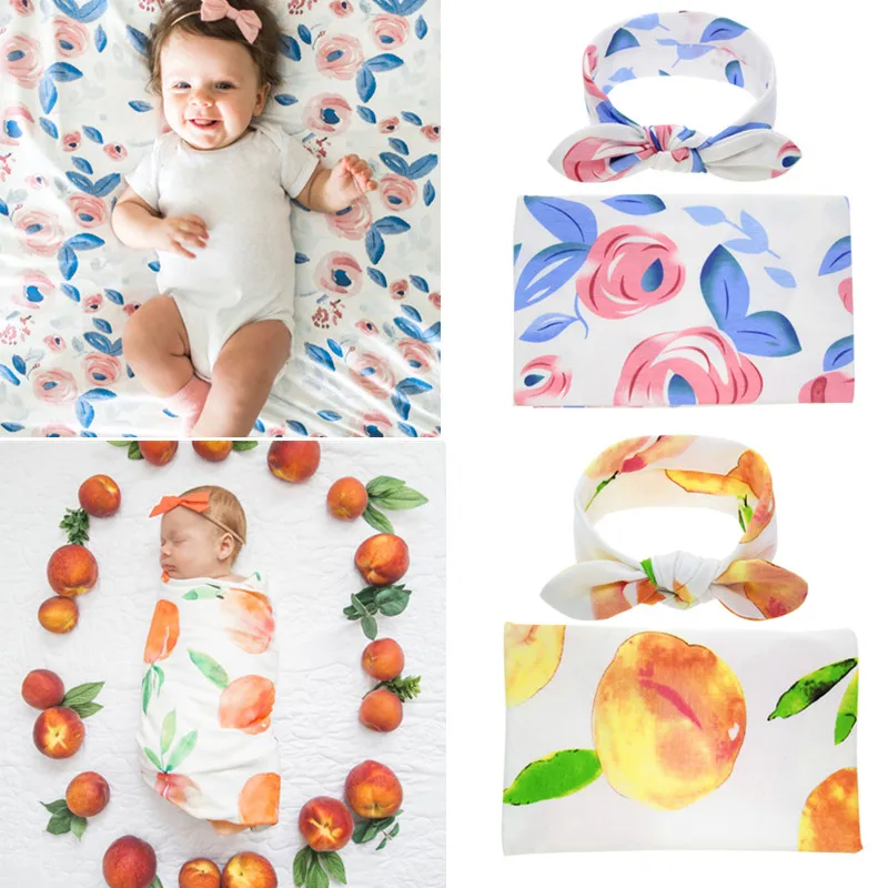 

High Quality Floral Print Baby Swaddle Blanket Bowknot Headband Set Newborn Wrap Towel