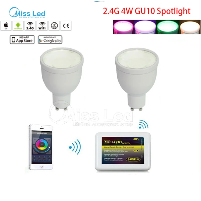 

1x Mi light wifi controller + 2x4w GU10 led spotlight bulb RGBW(RGB+White/Warm white) smart phone control via Milight wifi