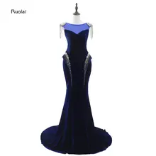 In Stock 2017 Real Sample O-Neck Beading Crystal Tassel Velour Velet Mermaid Evening Dresses For Wedding Party Prom Party Dress