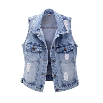 

Women Denim Vest Jacket Short Outerwear Spring Autumn Sleeveless Jeans Jacket Large size Side pocket Casual Waistcoat Coat 5XL