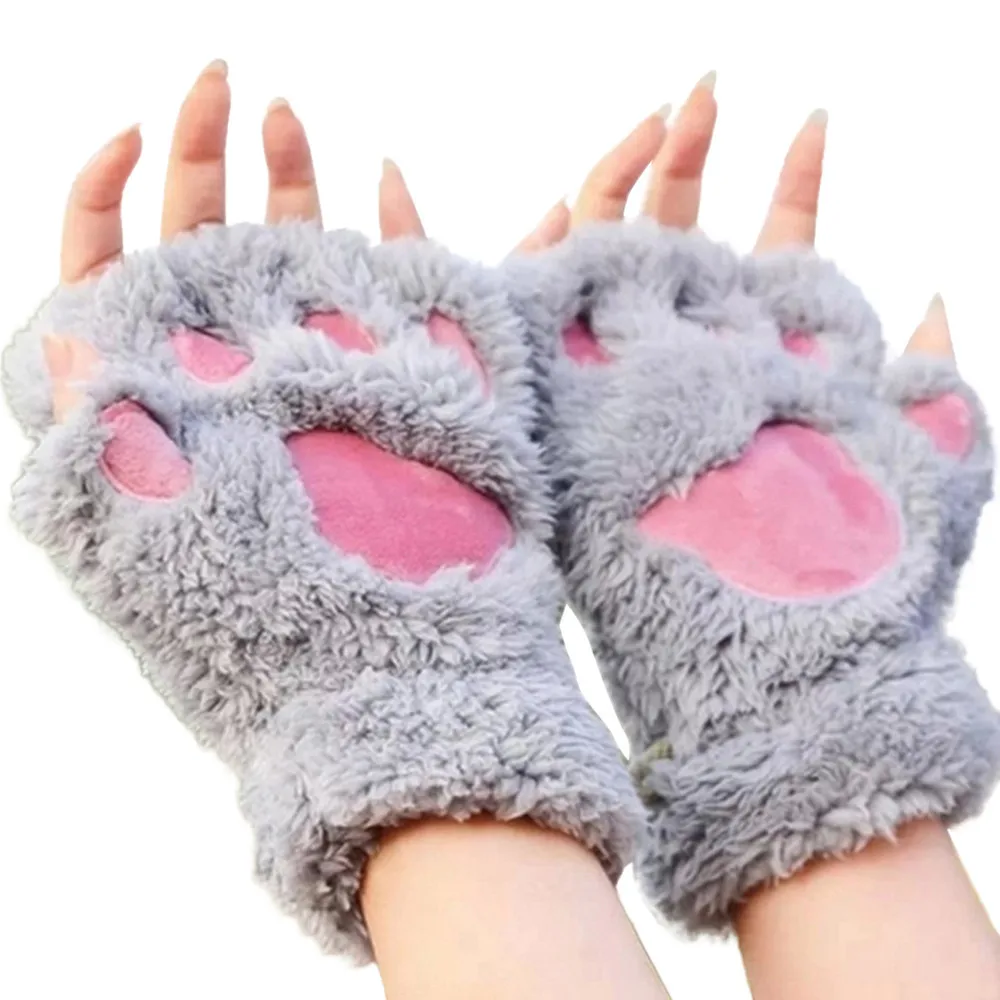 Теплые плюшевые перчатки без пальцев пушистые медвежьи когти кошки лапы животных мягкие теплые милые женские перчатки на половину пальца костюм перчатки подарок - Цвет: Серый
