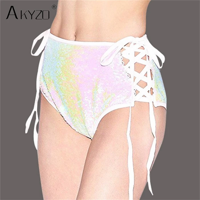 AKYZO,, Boho, эластичные, на шнуровке, шорты для женщин, Русалочка, рыбная чешуя, с блестками, выдалбливают, дискотека, короткие штаны - Цвет: Pink