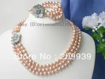

huij 002135 3strands 9mm Pink pearls Necklace Bracelet set Shell Ca