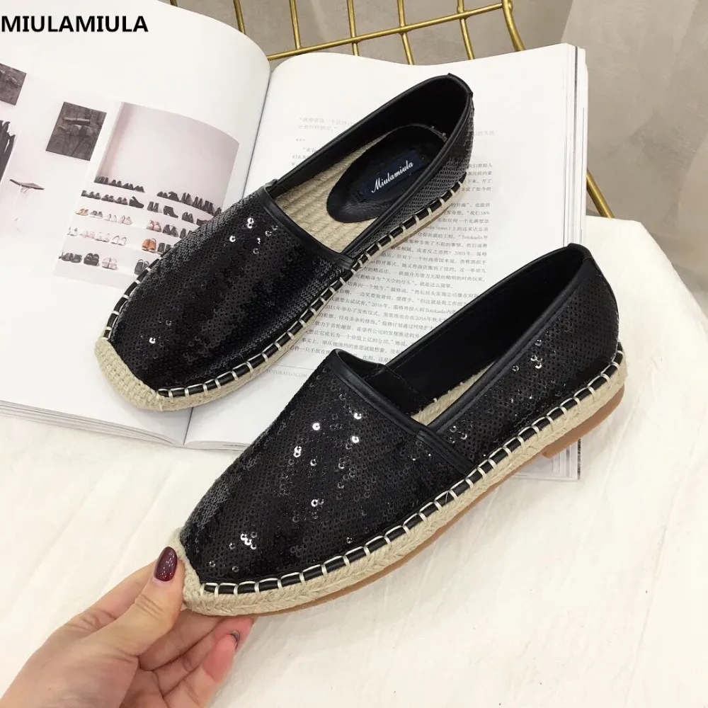 

MIULAMIULA Brand Designers 2019 Summer New Bling Cane Straw Bottom Fisherman Shoes Rome Breathable Slip On Flats Loafers Casual