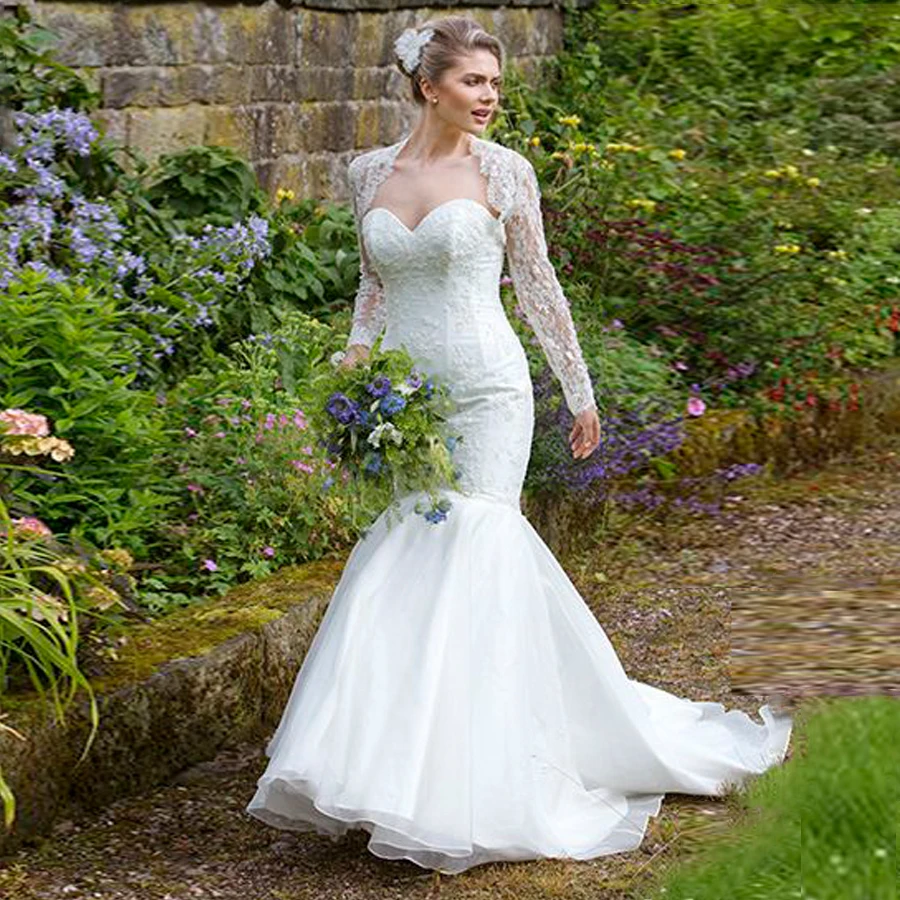

Sweetheart Neckline Mermaid Lace Applique Wedding Dress with Lace Coat Button Back Bridal Dress vestido de novia