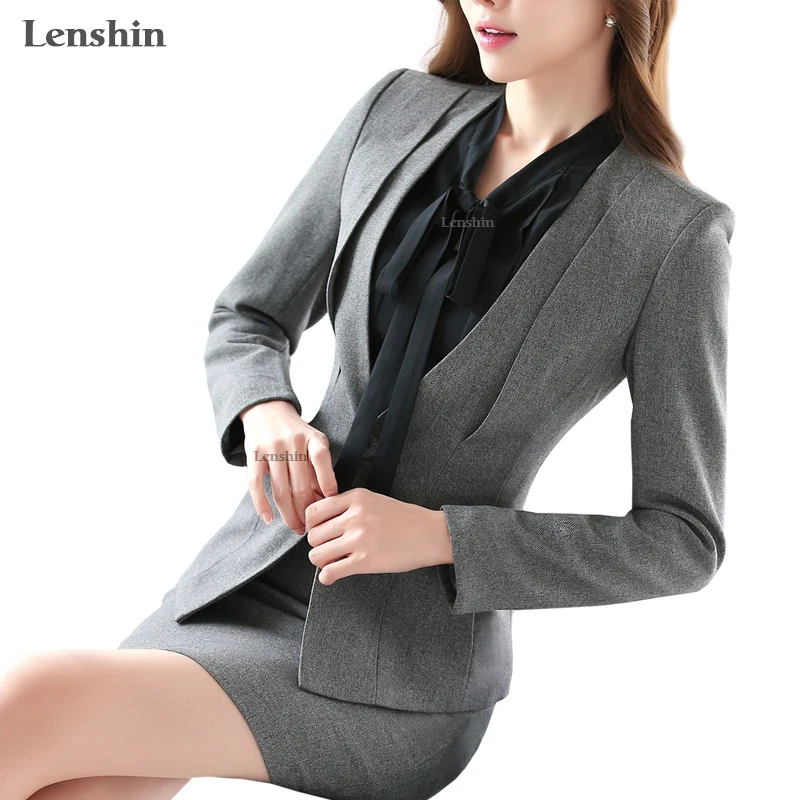 Lenshin Gray Two Piece Ladies Formal Skirt Suit Office Uniform Designs