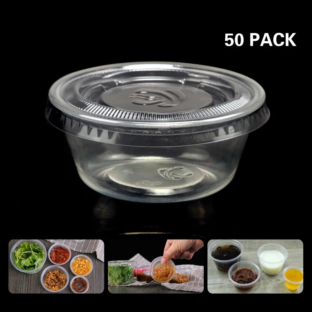 

50pcs Disposable Plastic Cups With Lids Pudding Condiment Vinegar Sushi Sauce Boxes Home Party Disposable Party Tableware