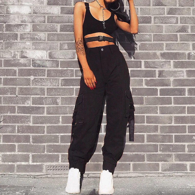 

Streetwear Cargo Pants Women Casual Joggers Black High Waist Loose Female Trousers Korean Style Ladies Pants Capri