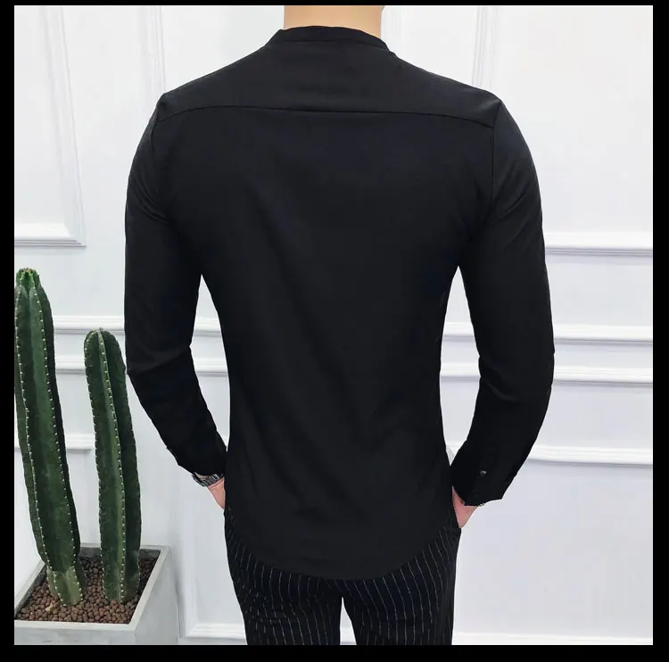2018 Korean Style Men's Shirt Long Sleeve Slim Fit Sexy Shirts Man Deep V-Neck Red Black White Stretch Social Casual Shirts Men 