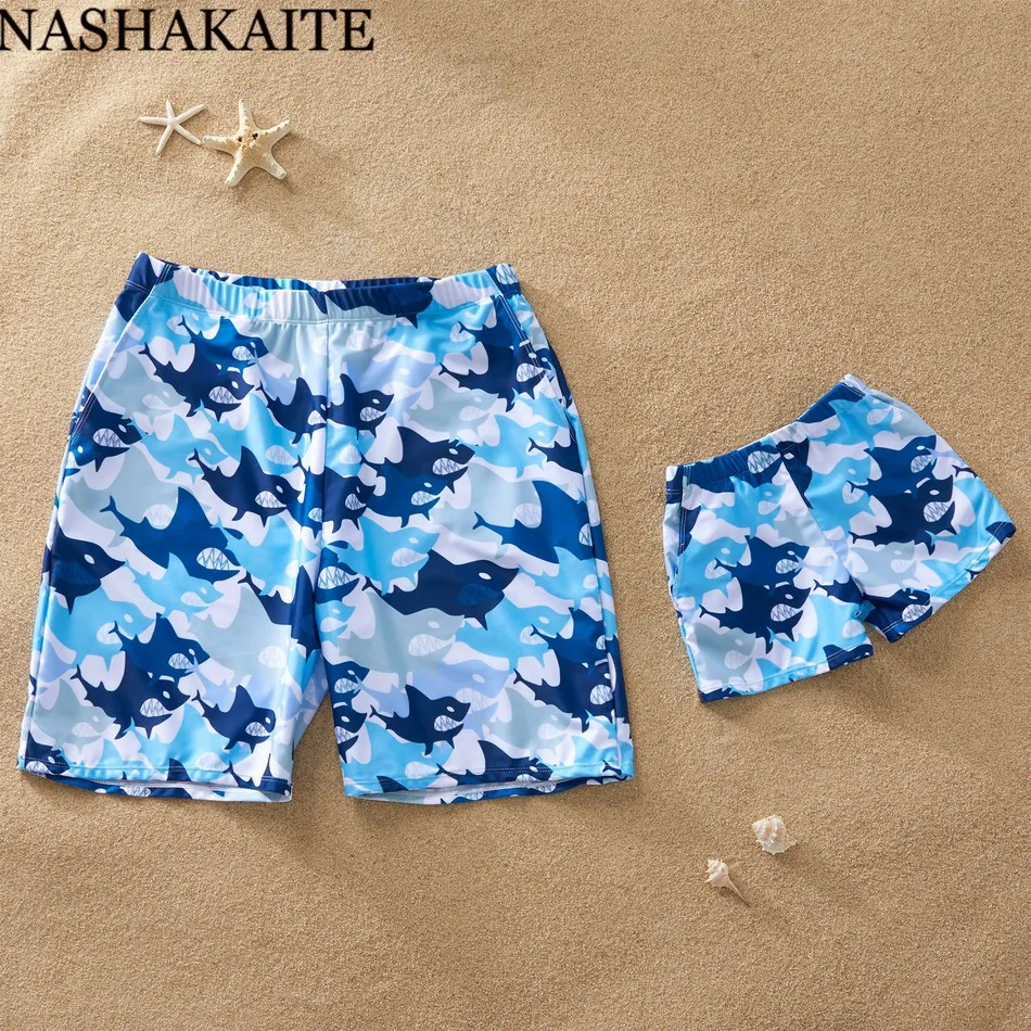 

NASHAKAITE Family Swimwear Camouflage Shark Print Swimming Trunks For Kids Men Beachwear Shorts Dad and son matching clothes
