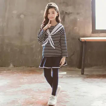 

New Spring Autumn Kids Girls Cotton Navy Style Suit Children Girl Striped Tops+Solid Culottes 2pc Sets Toddler Girl Clothing T84