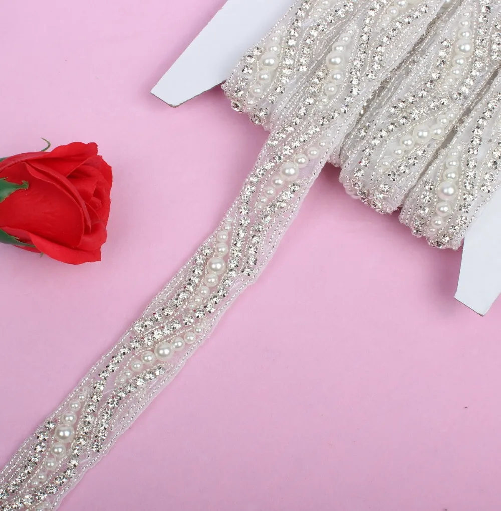 bridal pearl trimmings clear crystal rhinestone applique with pearls