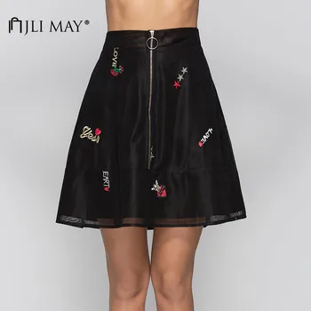 

JLI MAY Mesh embroidery mini skirts women summer above knee a-line ring zipper high waist retro elegant office work skirt party