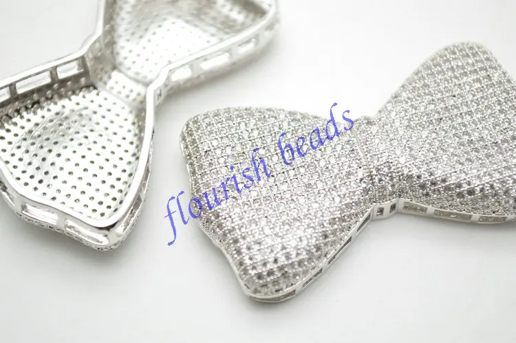 Encantos de Metal Pavimentada Beads Multi Furos Bowknot Forma Conector Colar Pingente Moda Jóias 26x47mm cz 4 Componentes p joias