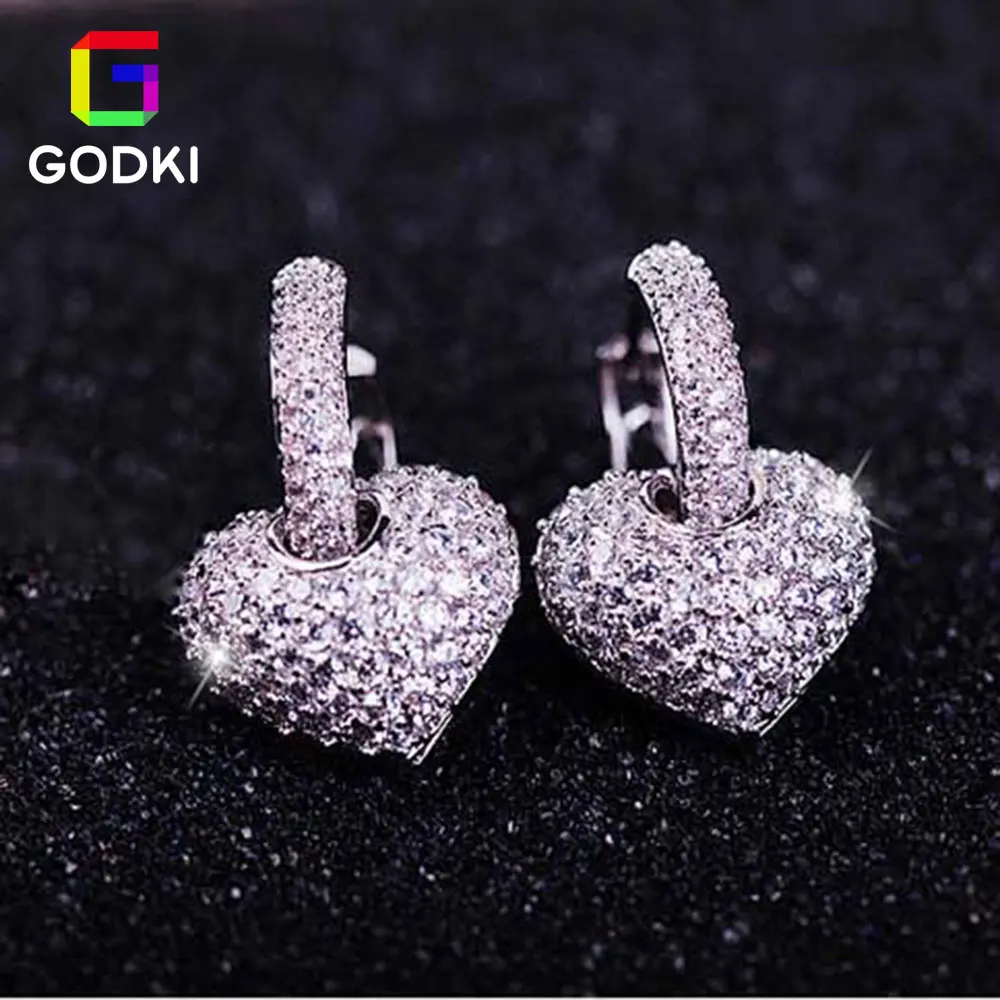 GODKI полное сердце любовь дизайн Потрясающие капли кубического циркония женские вечерние Обручальные подарок серебряные серьги-гвоздики