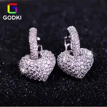GODKI полное сердце любовь дизайн Потрясающие капли кубического циркония женские вечерние Обручальные подарок серебряные серьги-гвоздики
