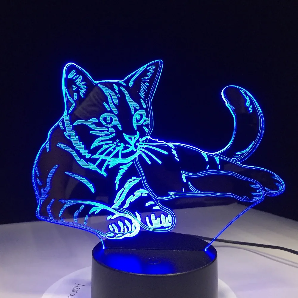 Акриловый светодиодный ночник с 7 цветными котами 3D USB сенсорный светильник милый