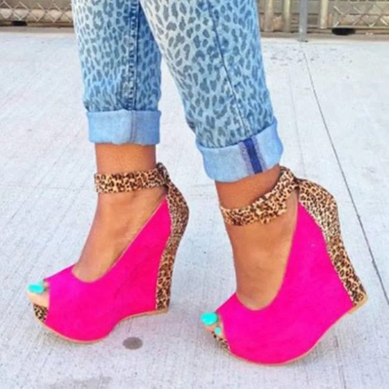 

Fashion Magenta Leopard Print Wedge Heels Pumps Suede Ankle Strap Open Toe Ultra High Heeled Pumps Charming T Stage Lady Shoes