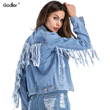Godier джинсовая куртка для женщин с кисточками, с длинным рукавом, на молнии, куртка-бомбер, джинсовое пальто, женская повседневная одежда корейского размера плюс M-5XL