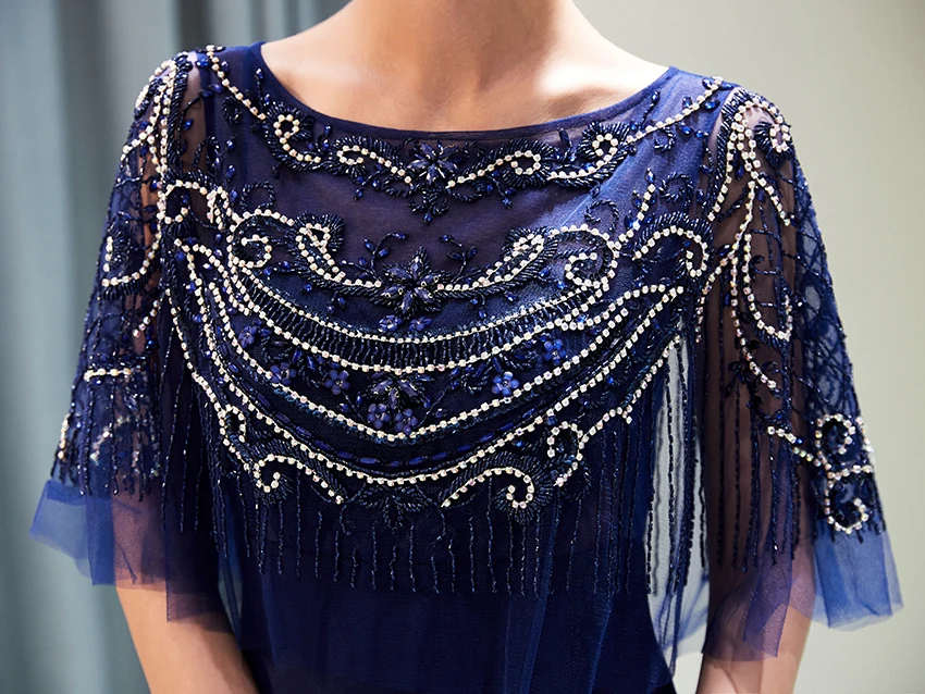 Элегантное женское платье для выпускного вечера с кристаллами, Русалка, украшенный бусинами длинное темно-синее длинное вечернее платье