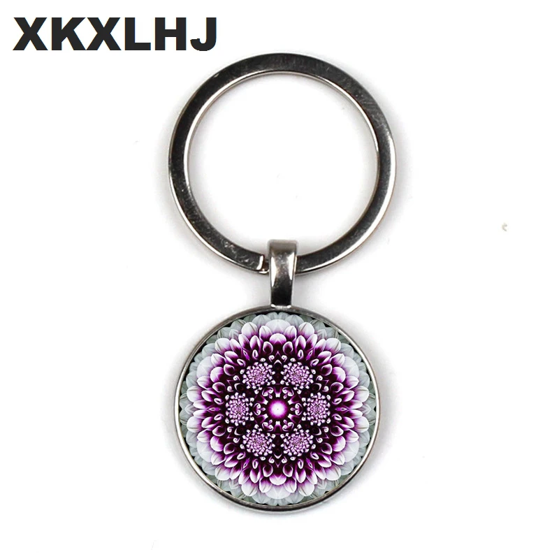 

XKXLHJ Fashion Flower of Life Keyring for Women Sacred Geometry Mandala Keychain Round Photo Key Chains Glass Jewelry Keyrings