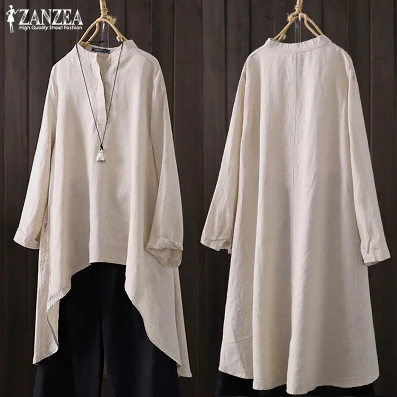 

Plus Size Asymmetrical Tops Women's Linen Blouse ZANZEA 2019 Woman Tunic Vintage Casual Long Sleeve Shirts Summer Chemise Tops