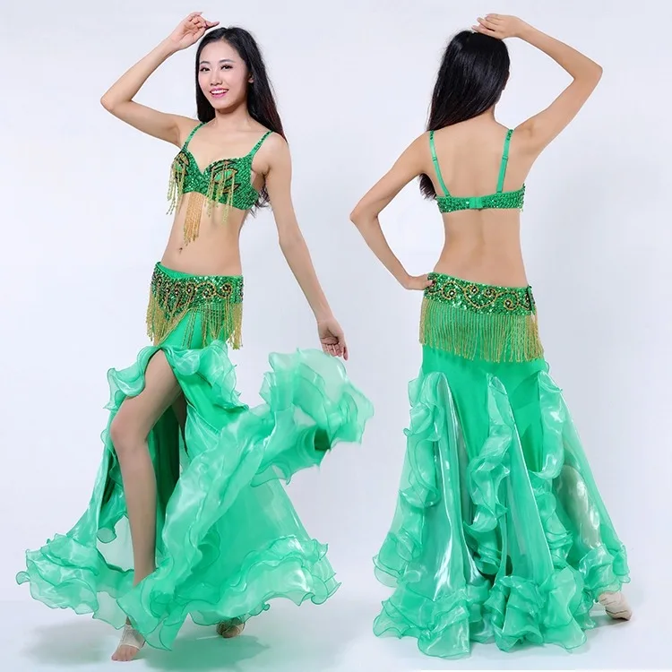 Высокое качество Египетский стиль танец живота этнические костюмы наборы сексуальные профессиональные племенные наряды для танца живота одежда для танцоров - Цвет: 3pcs Green