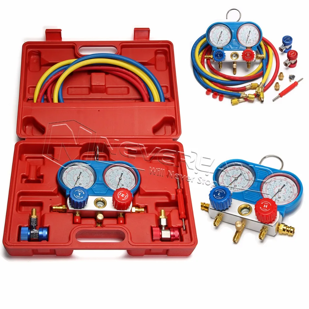 

Red AC Refrigerant pressure gauge R134a R22, R404a, R410A repair reCharging HVAC A/C Manifold Gauge Tool for air condition