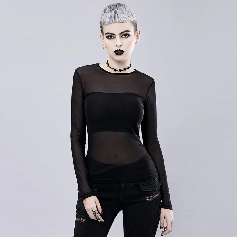 

Gear Duke Newest High Quality Women Gothic Long Sleeve Grid T-shirt Female Sexy See Through Slim T-shirt Victorian Tops
